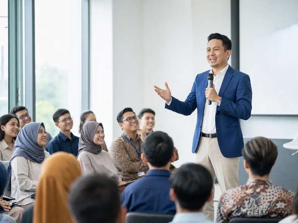 Trainer public speaking profesional sedang membawakan pelatihan